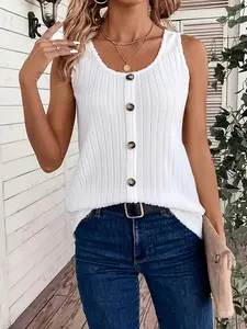 Women's Plus Size Ribbed Knit Tank Top - 1pc, Loose, Minimalist, Comfortable, Breathable, Sleeveless Round Neck Vest with Button Details, Off-Shoulder Style, Medium Stretch Fabric, Basic Lady Beach Casual Summer Shirt, Machine Washable