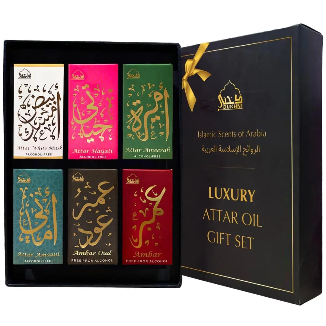 Dukhni Luxury Attar Set - 6 Travel-Size Roller Perfume Oils, Premium Arabic, Non-Alcoholic, Vegan, Unisex, Elegant Packaging, Ideal for Gifting & Special Occasions Long Lasting Luxurious