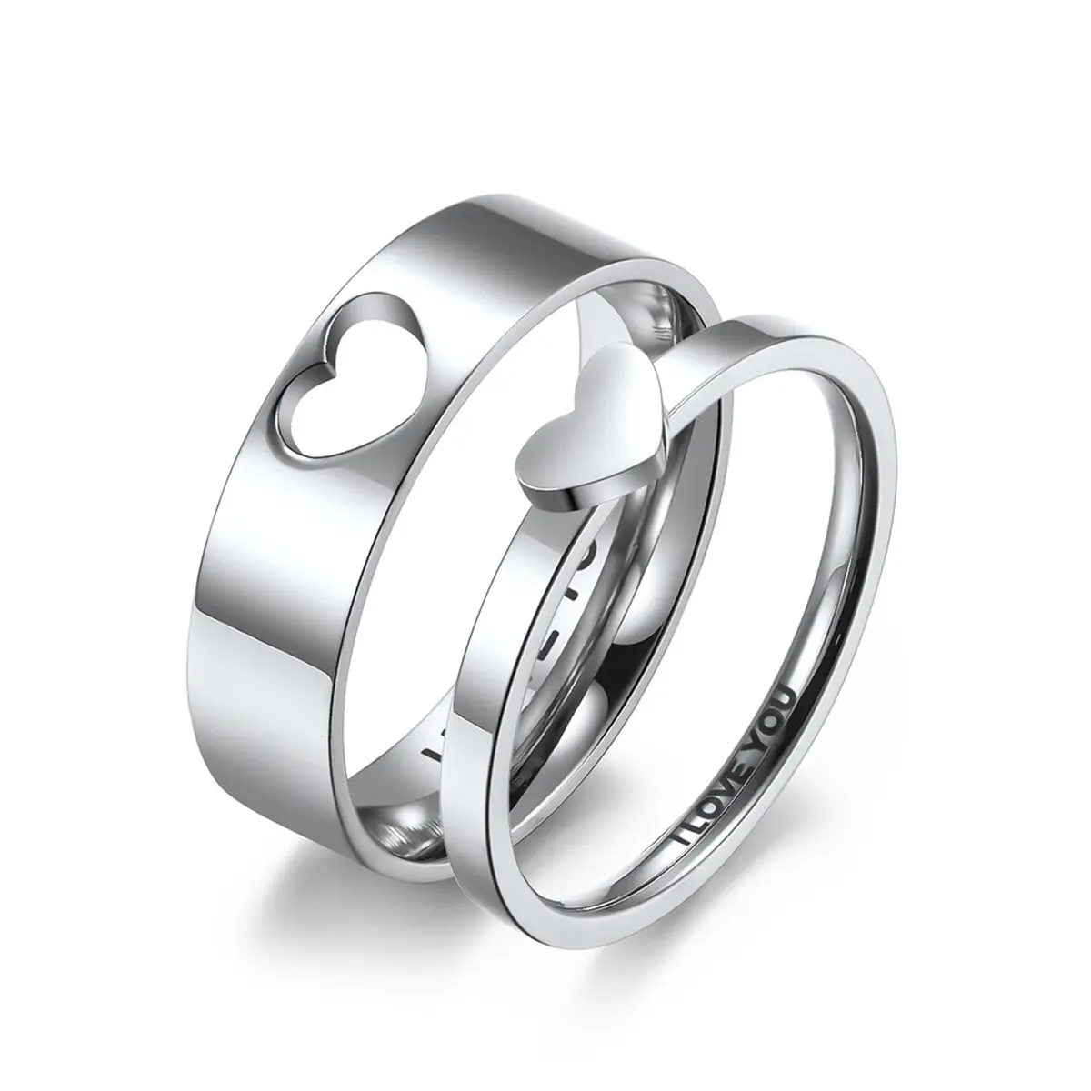 His and Hers Couple Rings Set, Romantic Heart Shaped Stainless Steel Promise Bands with "I Love You" Engraving, 4mm & 6mm Couple Gifts for Adults, Heart Shaped Ring, Engagement Promise Ring