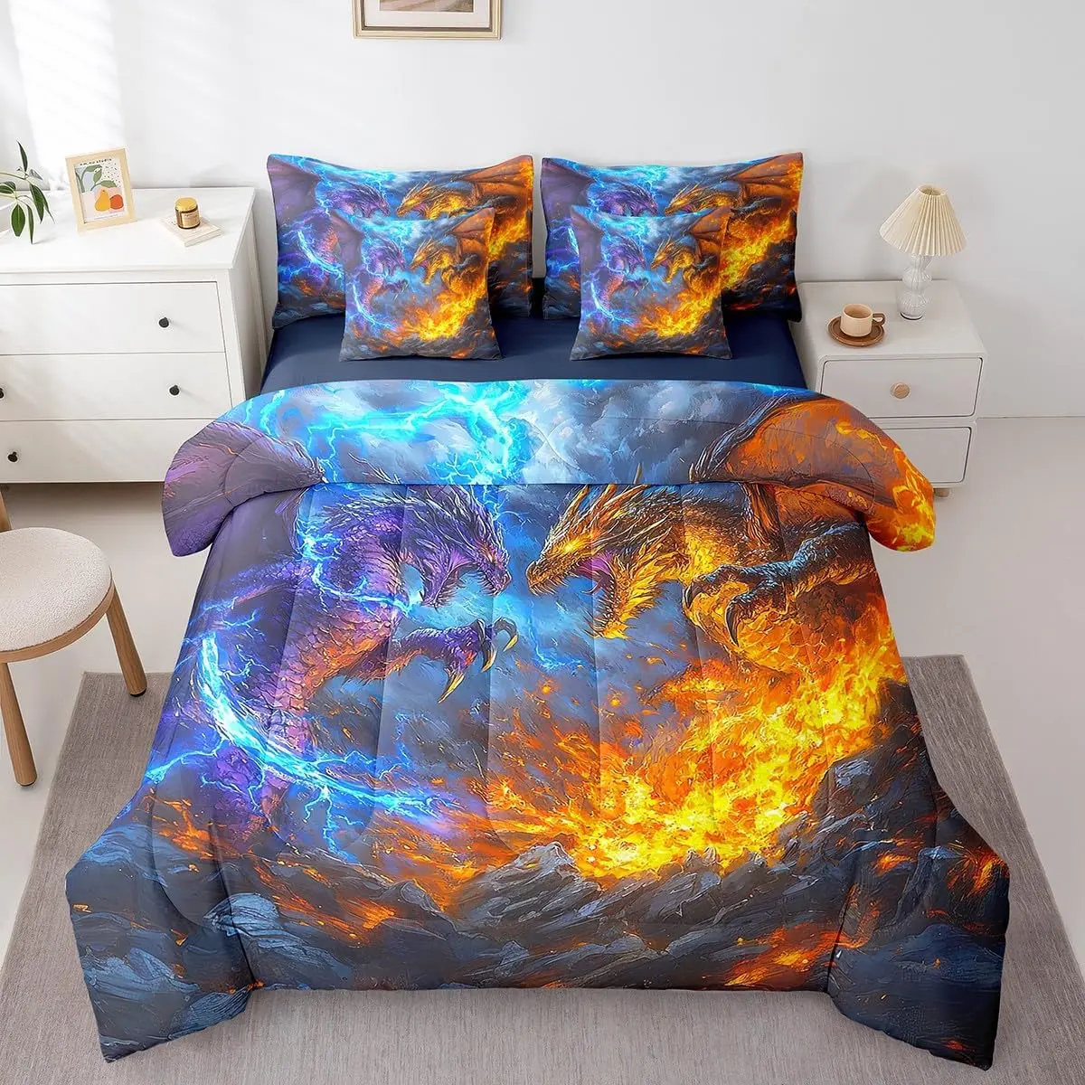 Feelyou 7-Piece Ultra-Soft Bedding Comforter Set - Duvet, Soft Quilt, Printed Decorative Bedspread Bed-in-a-Bag with Magic Dragon Fire Anime Wildlife Print for Teens (Multi-Size), Duvet Set, Soft Quilt Set