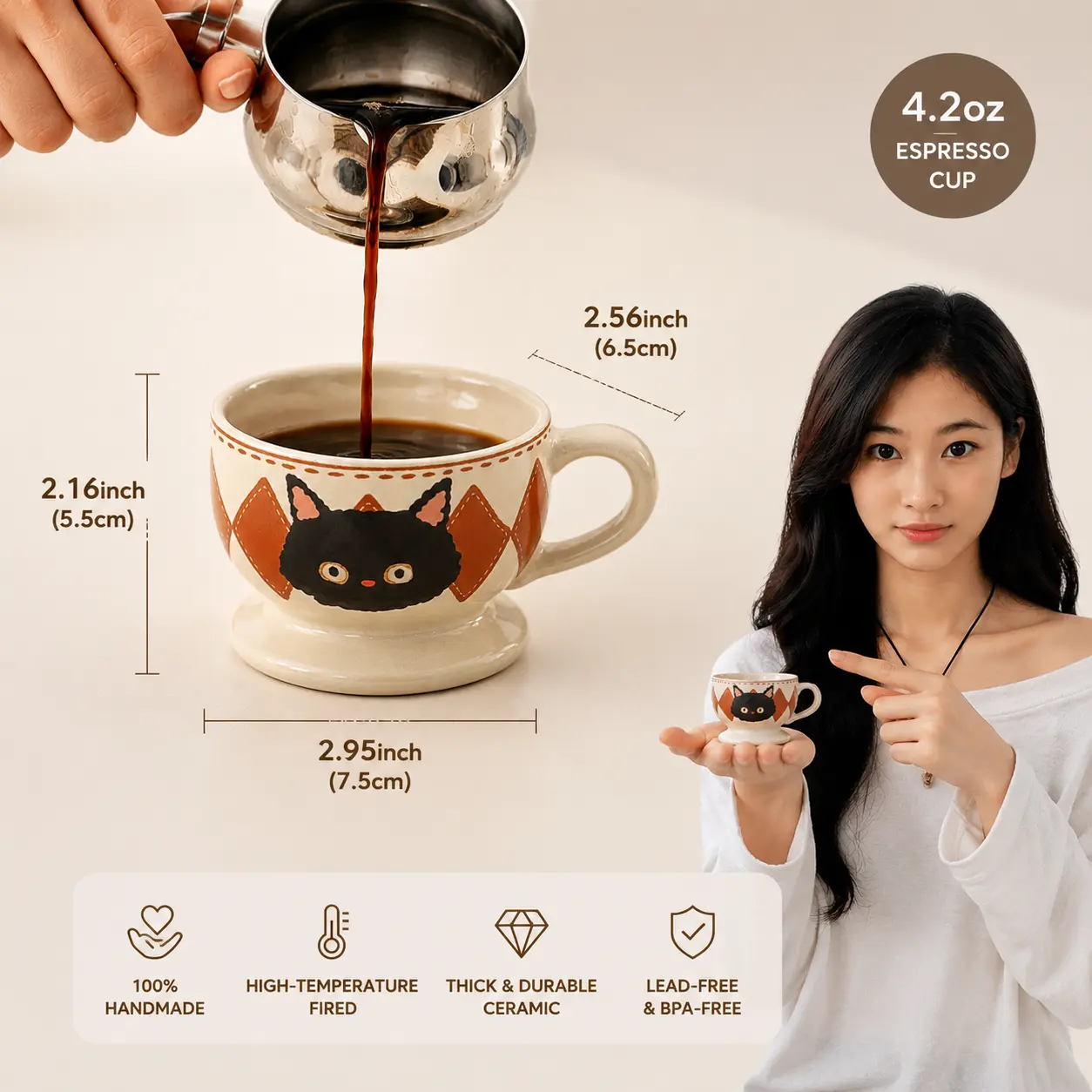 Handmade Thick Non-Toxic Ceramic Espresso Cup (4.2oz, Sturdy) with Wooden Saucer - Vintage Cat Elegant Cappuccino Coffee Cup, Gift Idea for Coffee Lovers, Aesthetic Birthday Present for Home Use