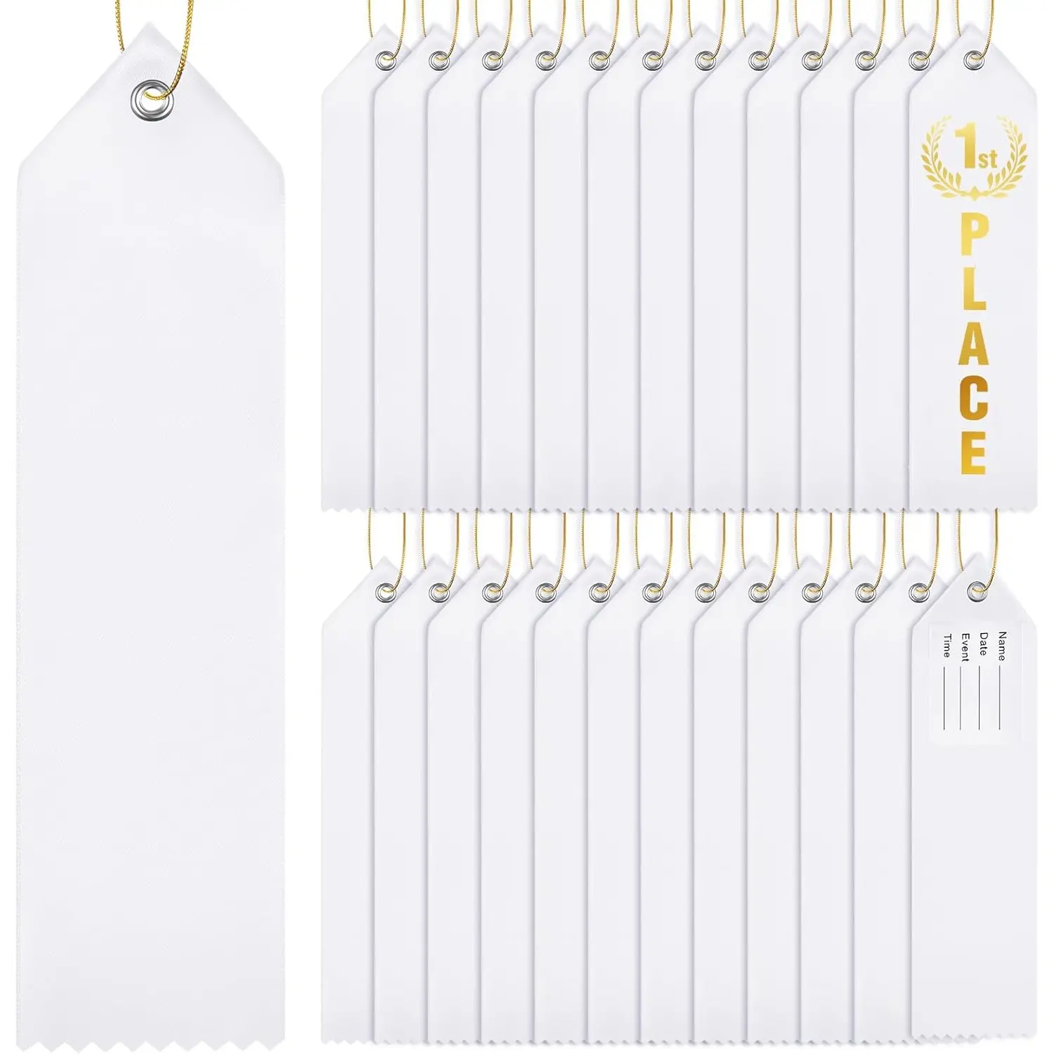 36 Pcs White Blank Elegant Customizable Award Ribbons with Attached Card, Gold Rope - Hand Writing, Heat Transfer Printing Options, Customized Gifts for Home Improvement Parties, Event Organizers, DIY Medal Supplies