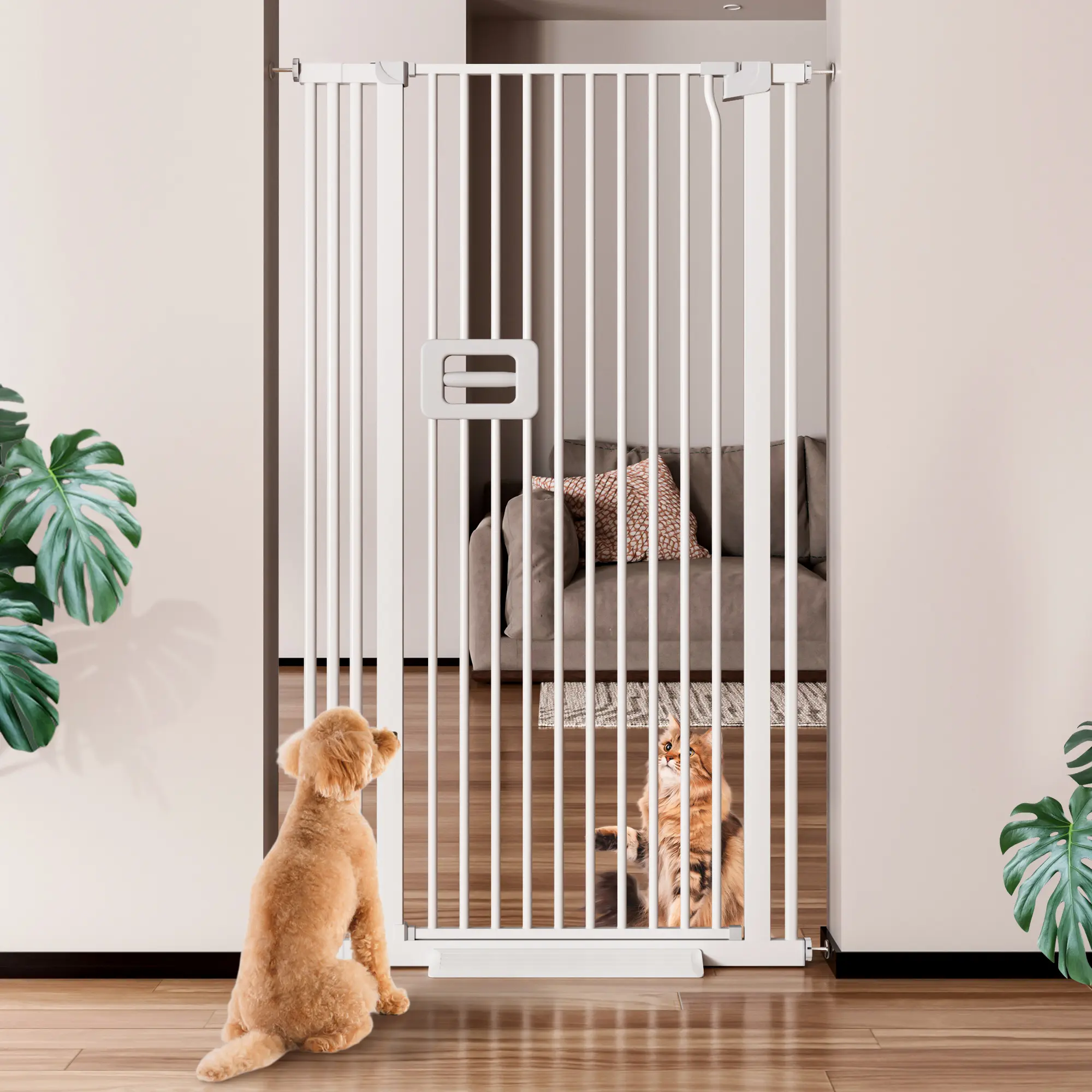 TSYPAIRS Durable 55in Tall Stainless Steel Cat Safety Fences, 29.5in-36.5in Wide with Easy Customization Extension Kit, Auto-Close After You Leave, Narrow Gap, No-Drill Pressure-Mounted for Doorways, Kitchens (White, Black Options)