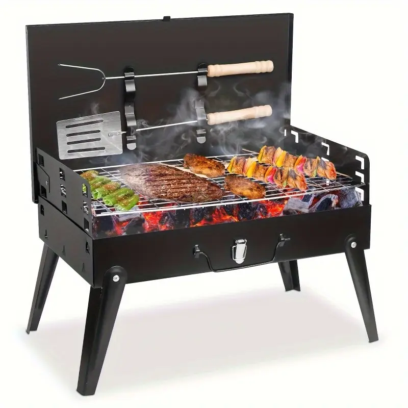 6-Piece Portable Barbecue Set, Compact Folding Charcoal Grill with Spit Roast, Shovel, and Fork for Camping & Backyard BBQ Parties, Camping Accessories, Cool Outdoor Gadgets, Outdoor Patio, Bbq Lovers, Dust-Proof