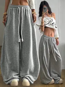 Hemp Grey Double Drawstring Loose Wide Leg Sports Pants, Athleisure sweatpants - casual outdoor, streetwear appearance and lazy days, Available sizes S-XXL, BaggyJoggers, Y2K streetwear Soft Sweatpants