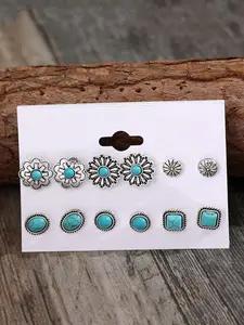Boho Style Turquoise Decor Stud Earrings Set, High Quality Earrings, Fashion Flower & Round & Oval & Geometric Design Earrings for Women, Trendy All-match & Exquisite Jewelry for Gift, Stud Earring Sets