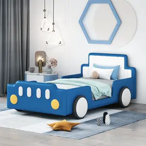 Twin Size Race Car-Shaped Platform Bed with Wheels,Blue Home Interior