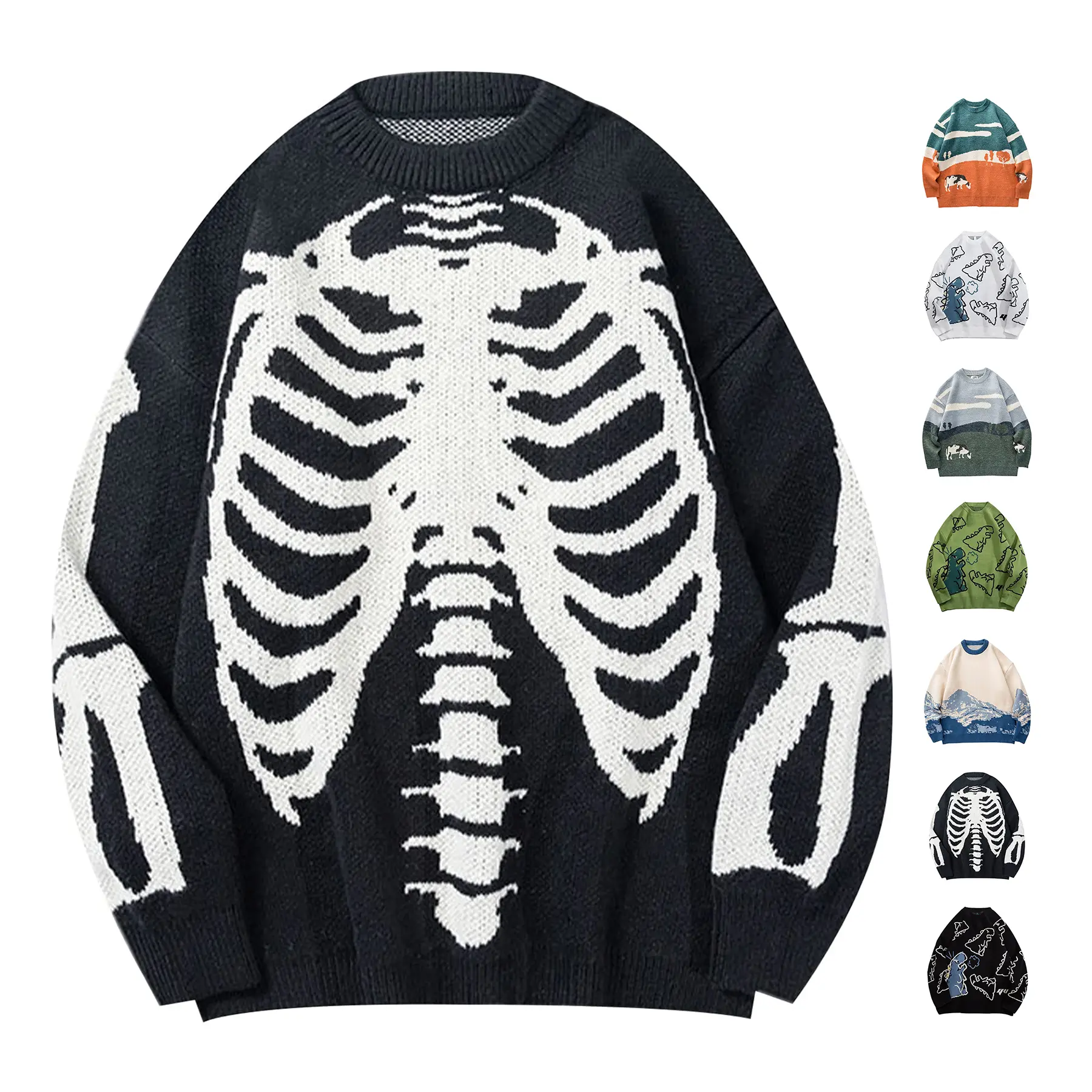 Arssm Men Oversized Skeleton Pattern Sweater Graphic Cable Knit Jumper Cute Unisex Crewneck Pullover Halloween