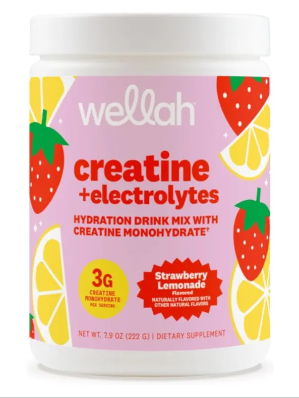 Wellah Creatine + Electrolytes Powder (Strawberry Lemonade) 30 Servings - Hydration Drink Mix with 3g of Creatine Monohydrate