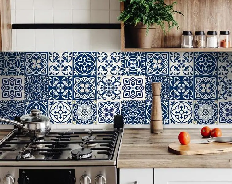 HomeRoots 390657 Coastal Geometric Vinyl Square Peel-Stick Mosaic Tile Stickers, 24-Piece 8 x 8 in. Midnight Blue & White, Waterproof Removable Heat-Resistant Easy-Apply for Kitchen, Room Decor
