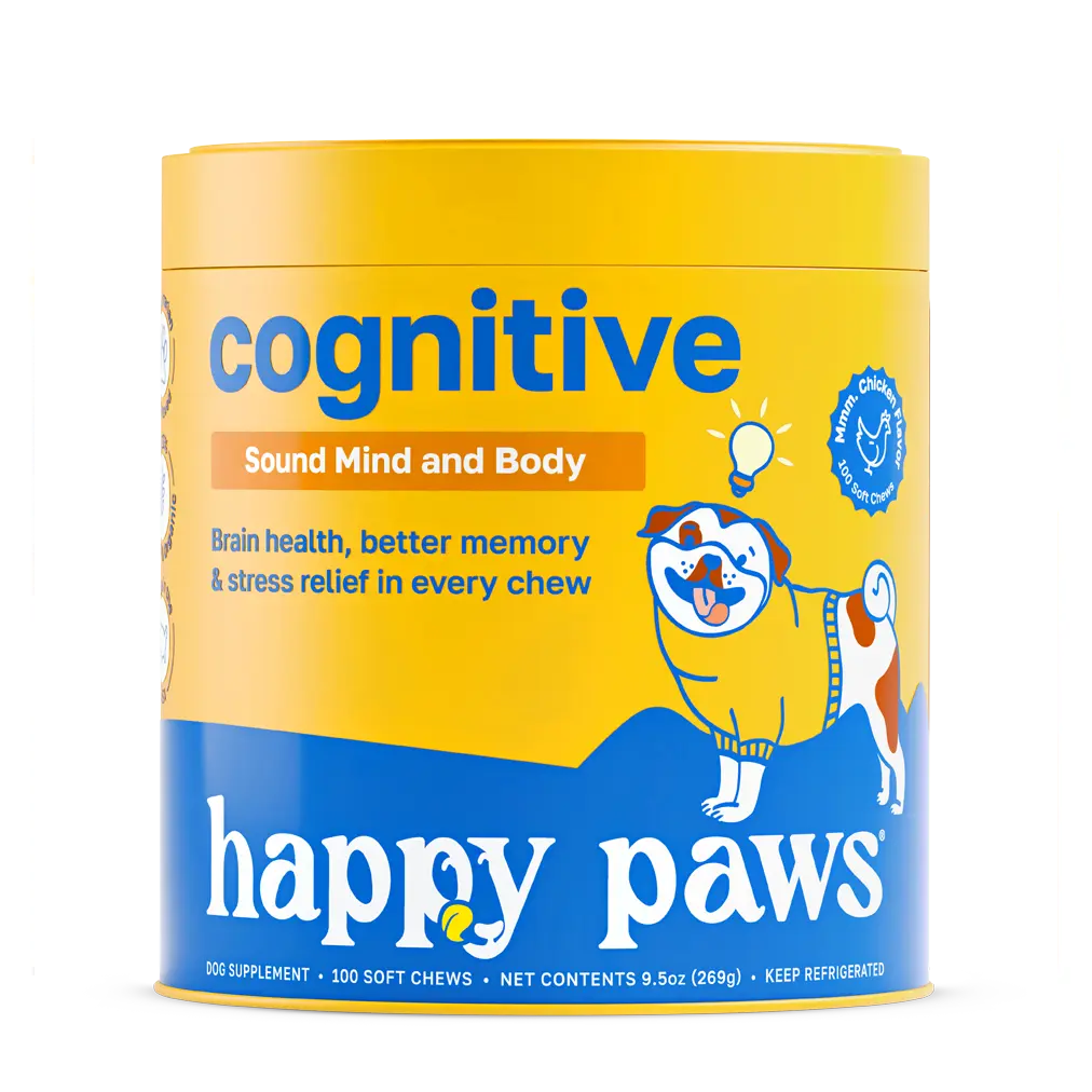 Happy Paws: Cognitive Supplement for Dogs, 100 Soft Chews, with Taurine, Spirulina, CoQ10, Vitamins B1, B3, B12, Supports Natural Memory and Focus