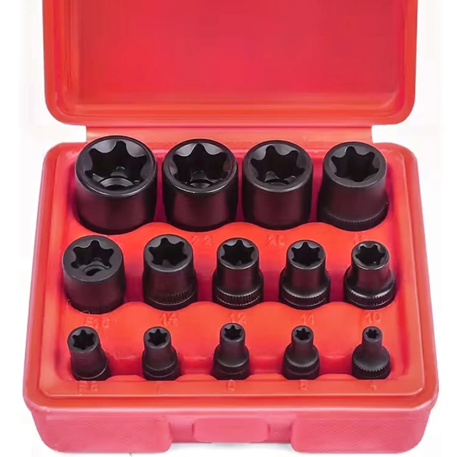 14-Piece Chrome-Vanadium Steel Hex Star Socket Set/Rail, 1/4“, 3/8”, and 1/2" Drives, E24 External Torque Socket Set—essential tools for automotive, motorcycle, bicycle, lawn equipment, appliance, and machinery repair.