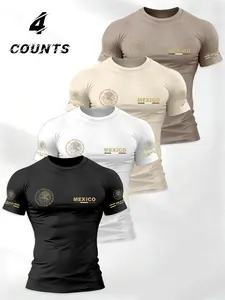 Men's Mexican Emblem Sporty Athletic Fashion Activewear Athletic Apparel Sports Clothing Short Sleeve T-Shirt Set of 4, Round Neck Fitness Top, Perfect for Running and Outdoor Activities