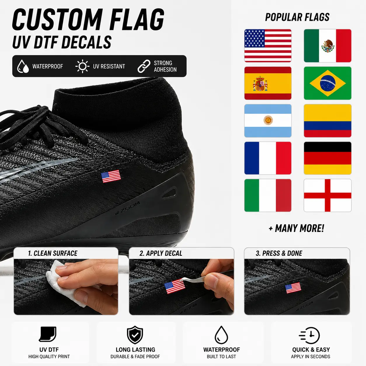 Custom Flag Stickers for Soccer Cleats – UV DTF Waterproof Decals (Set of 2) Strong Adhesion Football