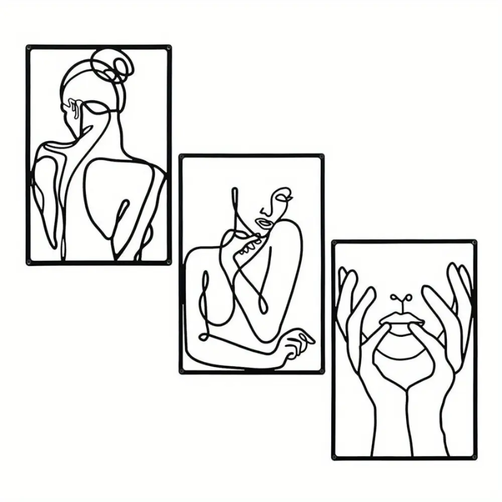 3pcs, Eye - catching Abstract Metal Wall Hangings featuring Line Drawings - Perfect for Kitchen, Bathroom, Living Room Decor. Wall Sculptures.