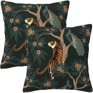 Tiger and Peacock Pillow Covers 18x18 in Couch Pillow Case Sets of 2 Modern Decorative Square Throw Pillows for Home Living Room Bedroom Bed Cushion Outdoor