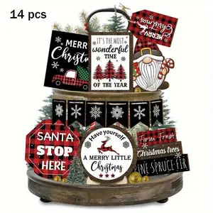 Christmas Themed Tiered Tray Decor Set, 14pcs/set Wooden Sign, Table Centerpieces, Party Tiered Tray Decor Wood Sign, Festive Gifts
