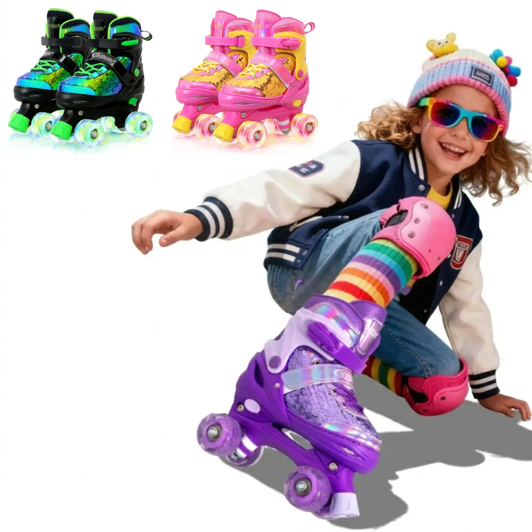 Nattork 4 Size Adjustable Kids Roller Skates for Kids Beginners, Quad Roller Skates with All Light up Rainbow Wheels for Beginners, Glitter Sequin Design Inline Quad Skates for Indoor Outdoor, Purple / Green / Yellow