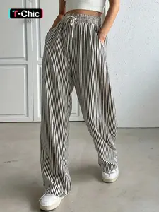 Women's Striped Print Drawstring Waist Wide-Leg Pants, Womenswear Casual Pocket Woven Fabric Trousers for Summer, Women's Bottoms for Daily Wear