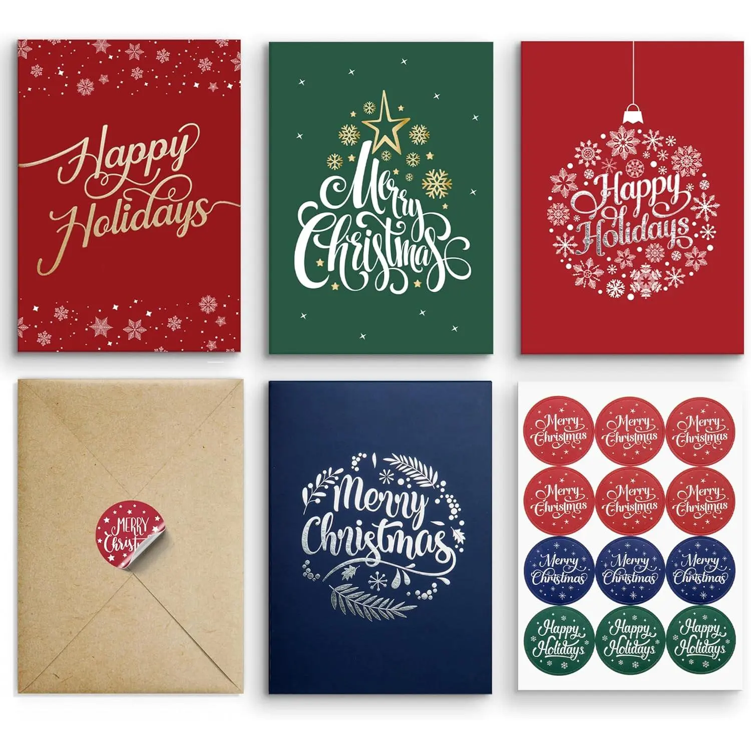 Classic Boxed Christmas Cards with Easy-Seal Envelopes - 20 Foil-Embellished 5x7in Smudge-Free Holiday Cards, Matching Stickers, Bulk Assorted Designs for Colleagues, Family (Office Stationery Supplies)