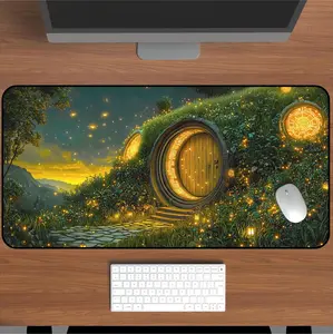 Cyber Hobbit House Desk Mat, Cozy Fantasy Glow Mouse Pad, Mystical Aesthetic Gaming Desk Decor, Enchanted Desk Pad, Fantasy Night Pad, Hobbitcore Office Gift, Gamer Gift Decor