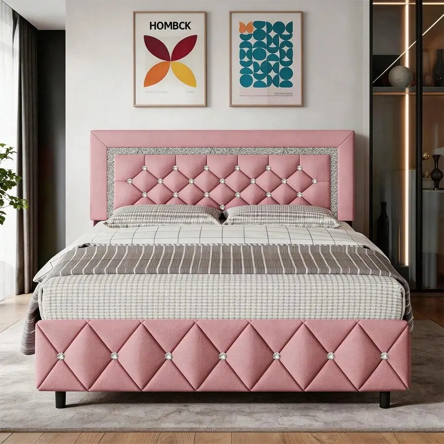 Upholstered Bed Frame, Modern Platform Bed Frame With Diamond Headboard And Footboard, No Boxing Spring Needed, Easy Assembly, Black/ Grey/ Pink/ Purple/ White/ Beige / Green, Twin/ Full/ Queen/ King