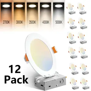 LED recessed ceiling lights, 12-pack, 6-inch ultra-thin recessed kitchen lighting, dimmable LED downlights with junction box, 5 color temperatures, high brightness 12W 120V, suitable for bedrooms, kitchens, and living rooms.