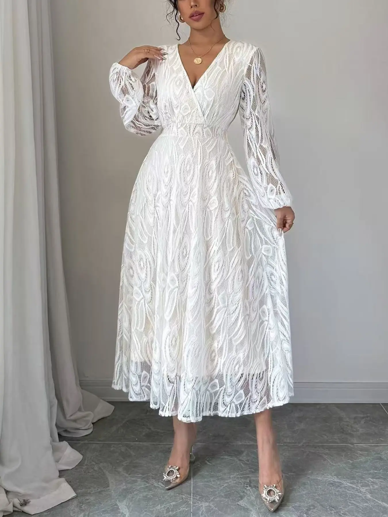 Elegant Chic Feminine Lace Dress for Women, Deep V Neck, Sheer Sleeves, Slimming Waist, Medium-Length, Elegant Classy Flattering, Formal Wear, Elegance, Perfect for Weddings and Evening Events, Evening Party Gown