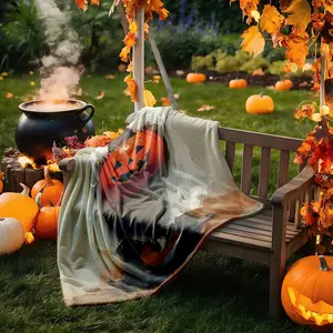 1 piece Halloween puppy ghost costume holding a pumpkin bucket themed flannel blanket - Super soft flannel blanket in modern style, suitable for sofas and beds, all-season use, digitally printed pattern, 100% polyester material, machine washable