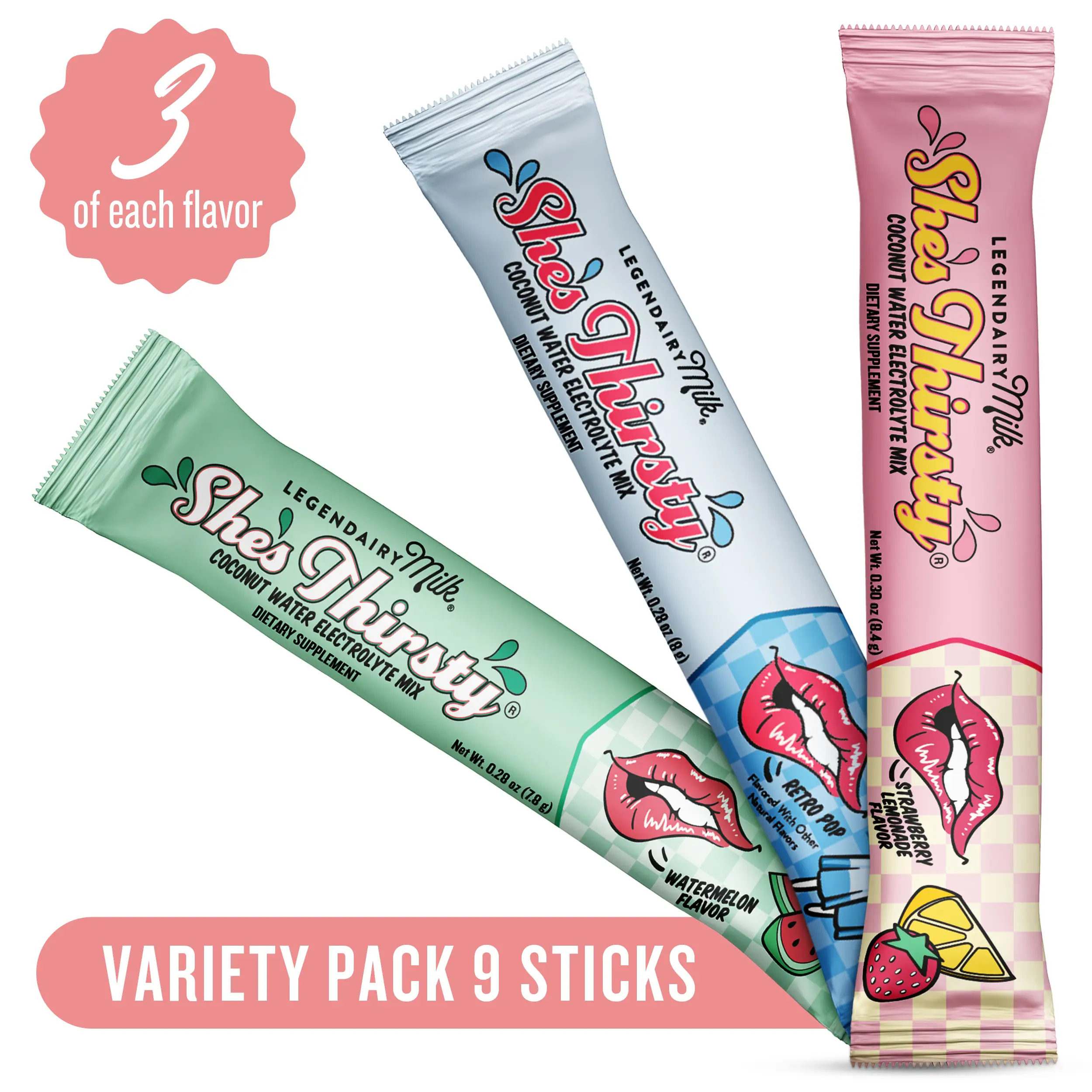 She’s Thirsty Sample Pack - Legendairy Milk - Coconut Water Electrolytes Mix - No Sugar Added - Single-Serving Sticks - Electrolyte Powder Variety Pac