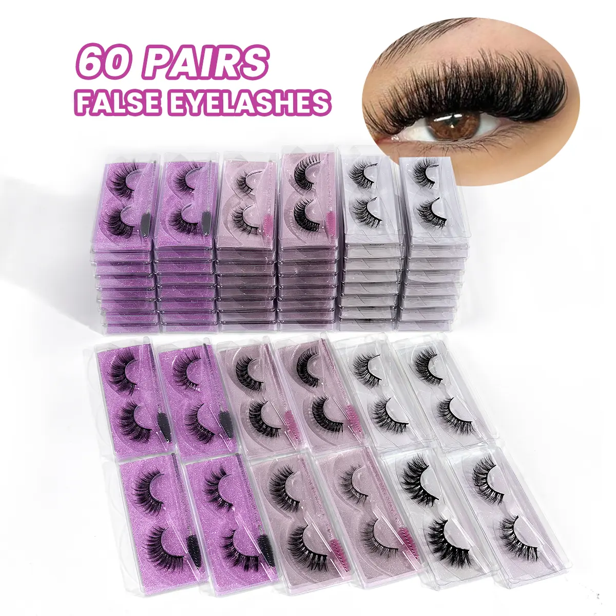 magefy Fluffy False Eyelashes Kit Pack - 60 Pairs in 12 Styles with Natural Curls for a Lengthening Wispy Look, Cosmetic Strip Lashes with Tools & Adhesives for Adults, False Eyelashes & Adhesives