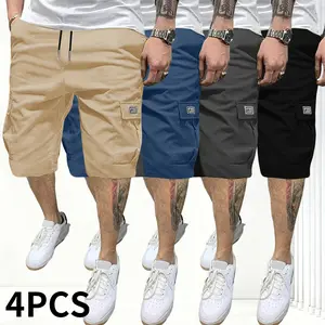 Men’s solid-color cargo shorts, 4-pack; lightweight fashion shorts with flap pockets; available in multiple colors; stretch fabric with four-way stretch; outdoor work pants for men Beige Athletic