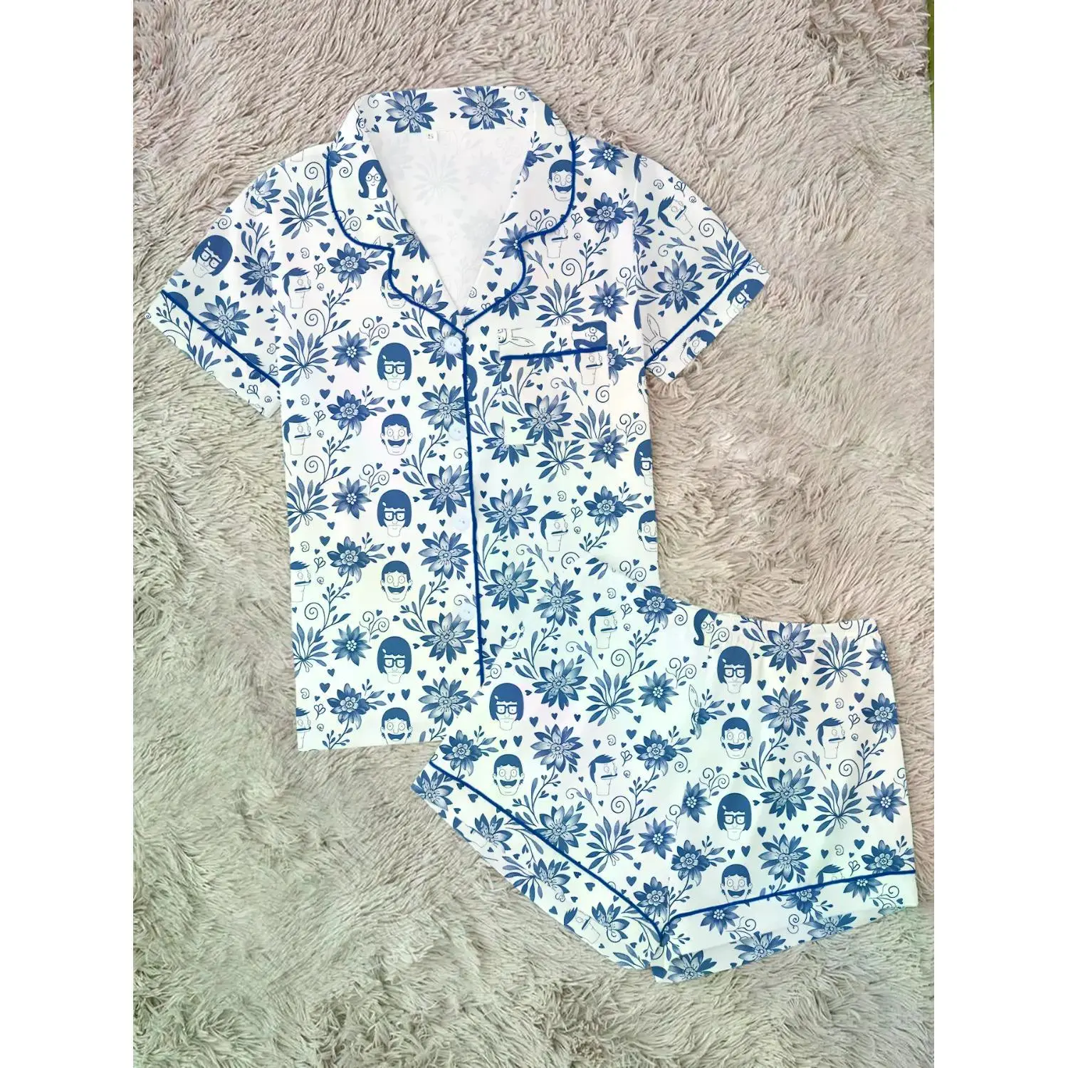 Women's Blue Doberman Print 2-Piece Pajama Set - Shortsleeve Button-Up Top, Elastic Waist Shorts, Cozy All Seasons Sleepwear & Loungewear