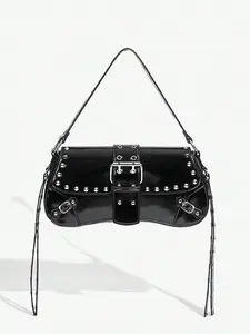 Black rivet motorcycle style shoulder underarm bag, metal buckle decoration, personalized design shoulder bag, retro fashion, exquisite and versatile, niche and suitable for daily commuting, shopping, etc., Casual Shoulder Bag, Versatile Shoulder Bags