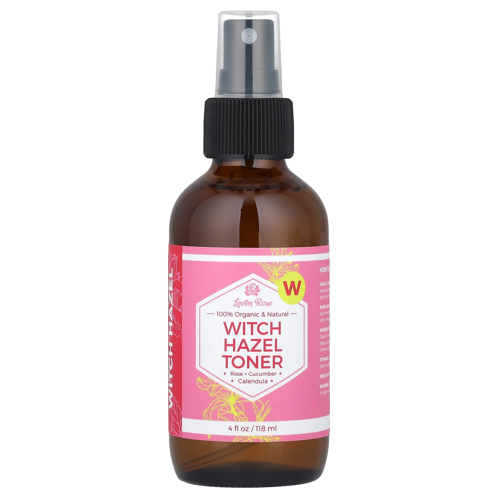 Leven Rose 100% Organic & Natural, Witch Hazel Toner, 4 fl oz (118 ml)