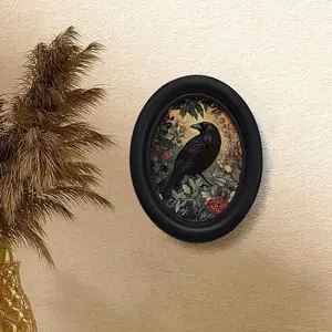 Bohemian Vintage 3D Crow & Floral Wooden Frame Wall Art Design, Artificial Wood Oval Decor for Home Office, Home Decor Accessory, Modern Home Decor, Halloween Thanksgiving Holiday Decoration