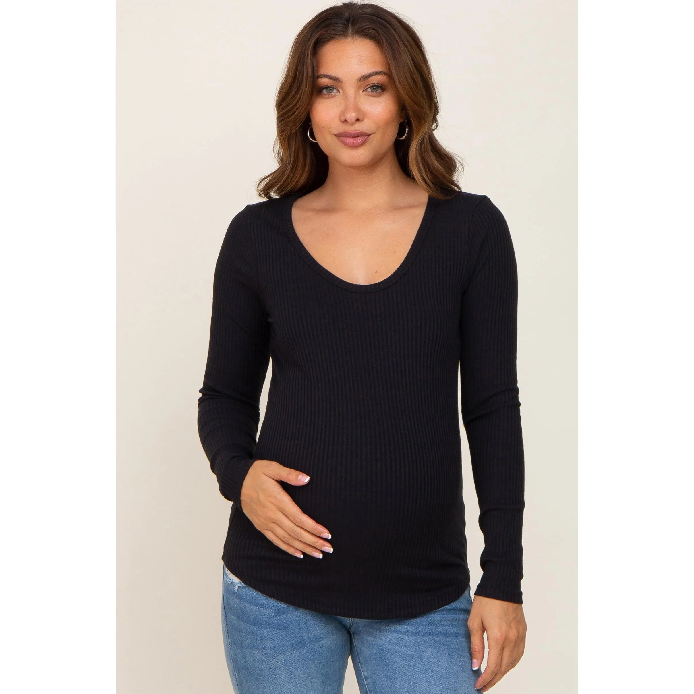 Women's Solid Black Rib-Knit Maternity Top - Scoop Neck, Full Sleeves, Comfortable Layering Piece for Pregnancy Wear