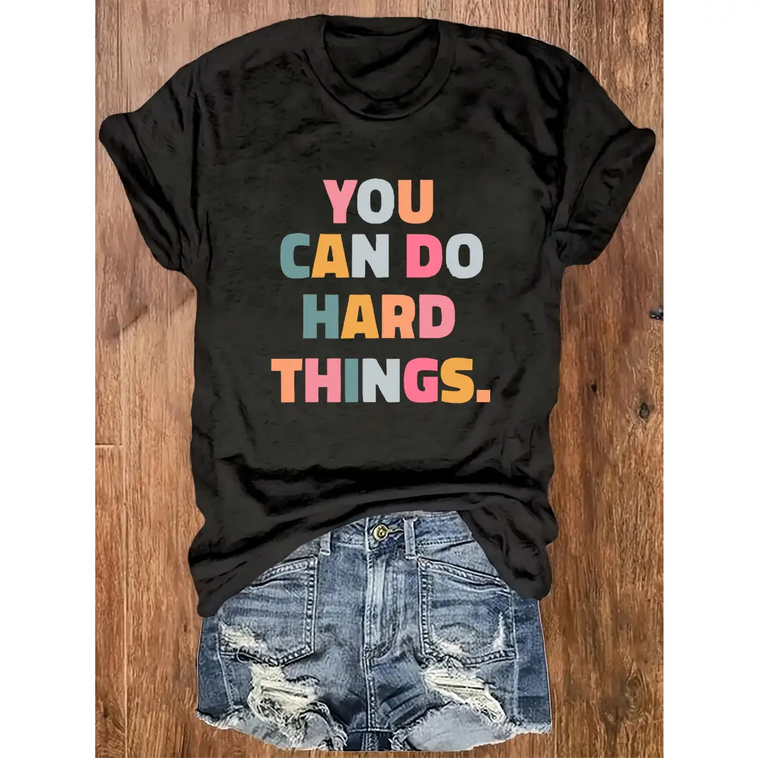Women's Cotton Fitted Short-Sleeve Graphic T-Shirt - Motivational "You Can Do Hard Things" Quote, Cute Colorful Letter Print, Casual Streetwear Summer Top for Everyday Wear, Shortsleeve, Tshirt