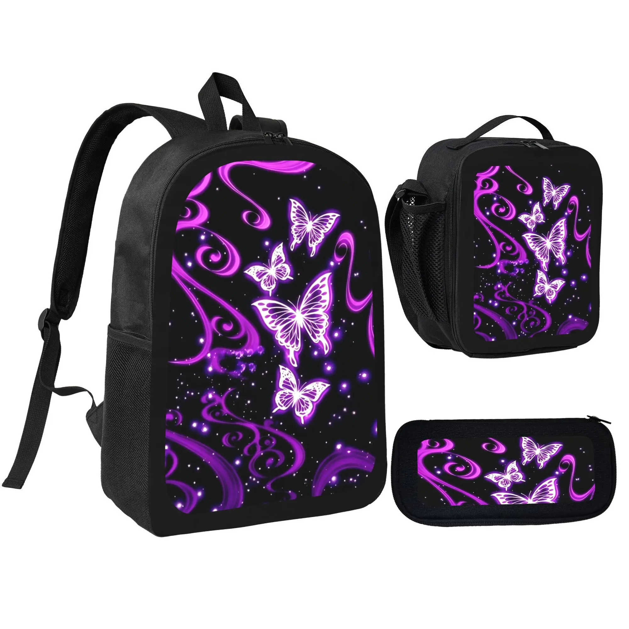 Female 17-Inch Purple Butterfly Complete 3-Piece Value Gym Backpack Set - Large College School Bag, Round Lunch Box, Flip-Top Lid Pencil Case, Nature Aesthetic Floral Print Daypack, Graphic, Library, Girl, High School, Lightweight, Chic, Pouch