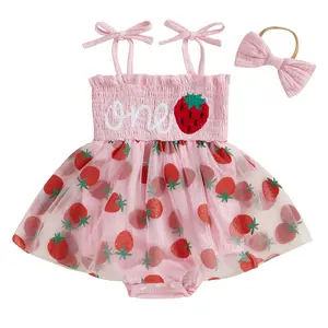 Baby Girl First Birthday Outfit Sleeveless Tie Strap Sequin Strawberry One Embroidery Smocked Romper Dress Mesh Tulle Tutu Skirt Party Dresses with Headband