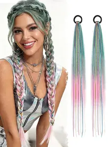 26 Inch Hair Tinsel Colored Braided Ponytail Extension, 2 Pack Purple Blue Pink Ombre Hair Extensions Ponytail with Elastic Tie, Synthetic Straight Hair for Women Festival Rave Party