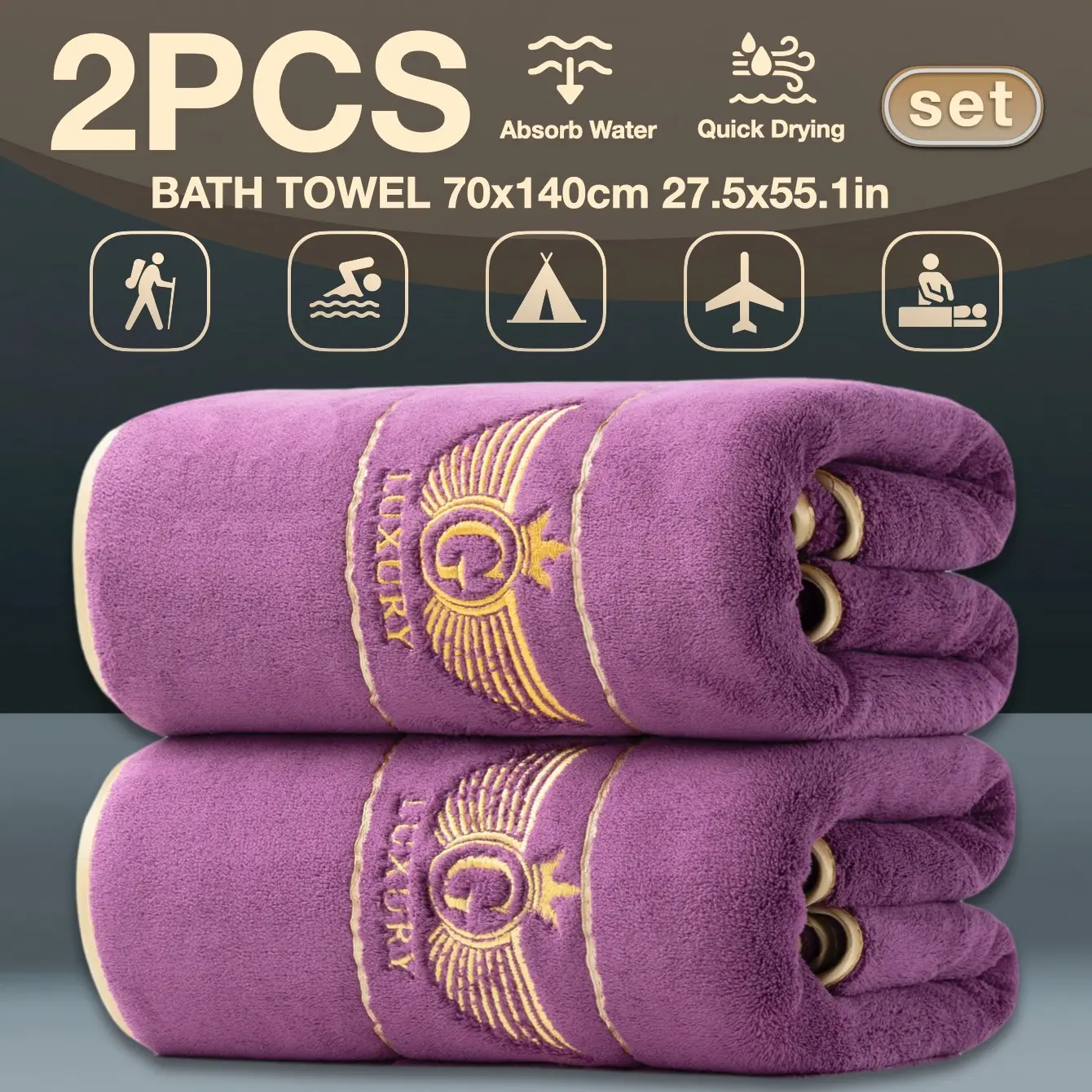 Luxury Embroidered Bath Towel Set, 2-Pack, 70x140cm, Ultra-Soft Microfiber, Quick-Dry, Hotel-Quality, Ideal for Spa & Home Use, Premium Bath Towels