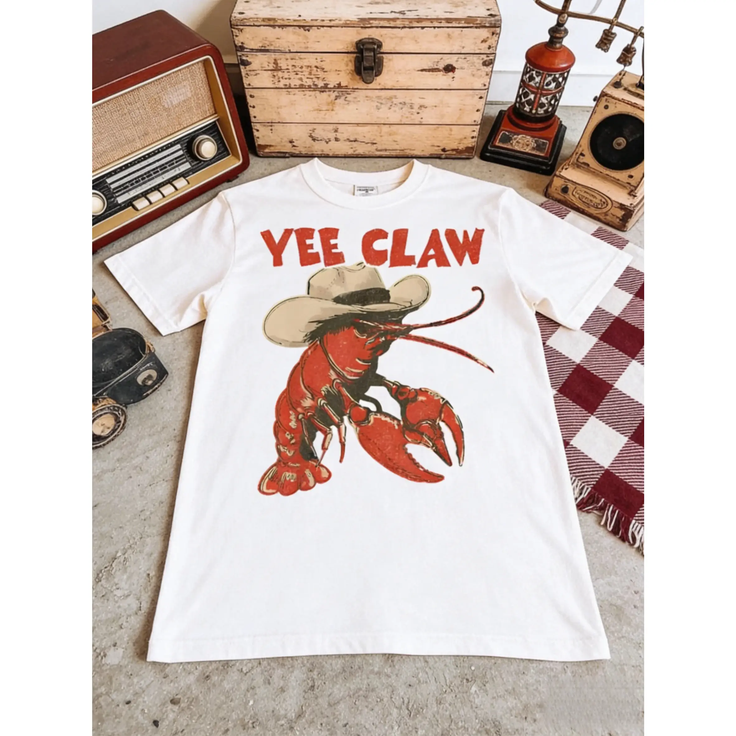 Women's Cowboy Crawfish Graphic Tshirt, Casual Vintage Loose-Fitting Cotton Top with Round Neck and Short Sleeves for Summer, Tumble Dry, Fabric