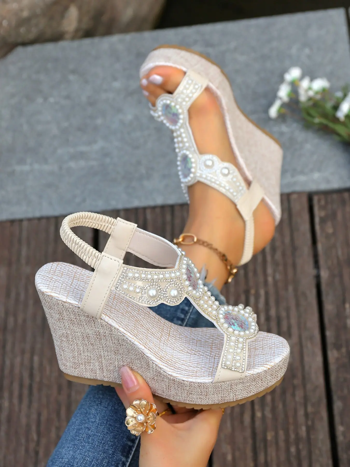 Ethnic Floral Stylish Elastic Band 10cm High Heel Waterproof Platform Fish Mouth Heeled Sandals for Women, Summer Outdoor Wedge Thick Sole Shoes, Classy Elegant, Platform Heels Sandals