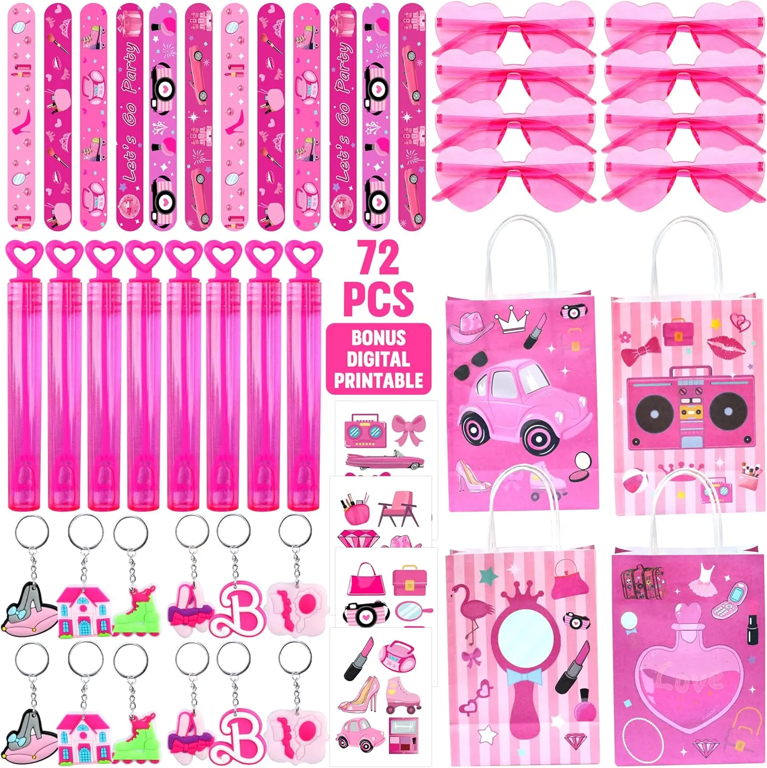 72-Pc Hot Pink Princess Party Supplies Kit for Girls (4.8 x 6.3 x 2.4 inch) - Collectible Keychains, Bracelets, Sunglasses, Bubble Wands, Stickers, Party Bags - Child-Focused Favors for Gatherings, Parties