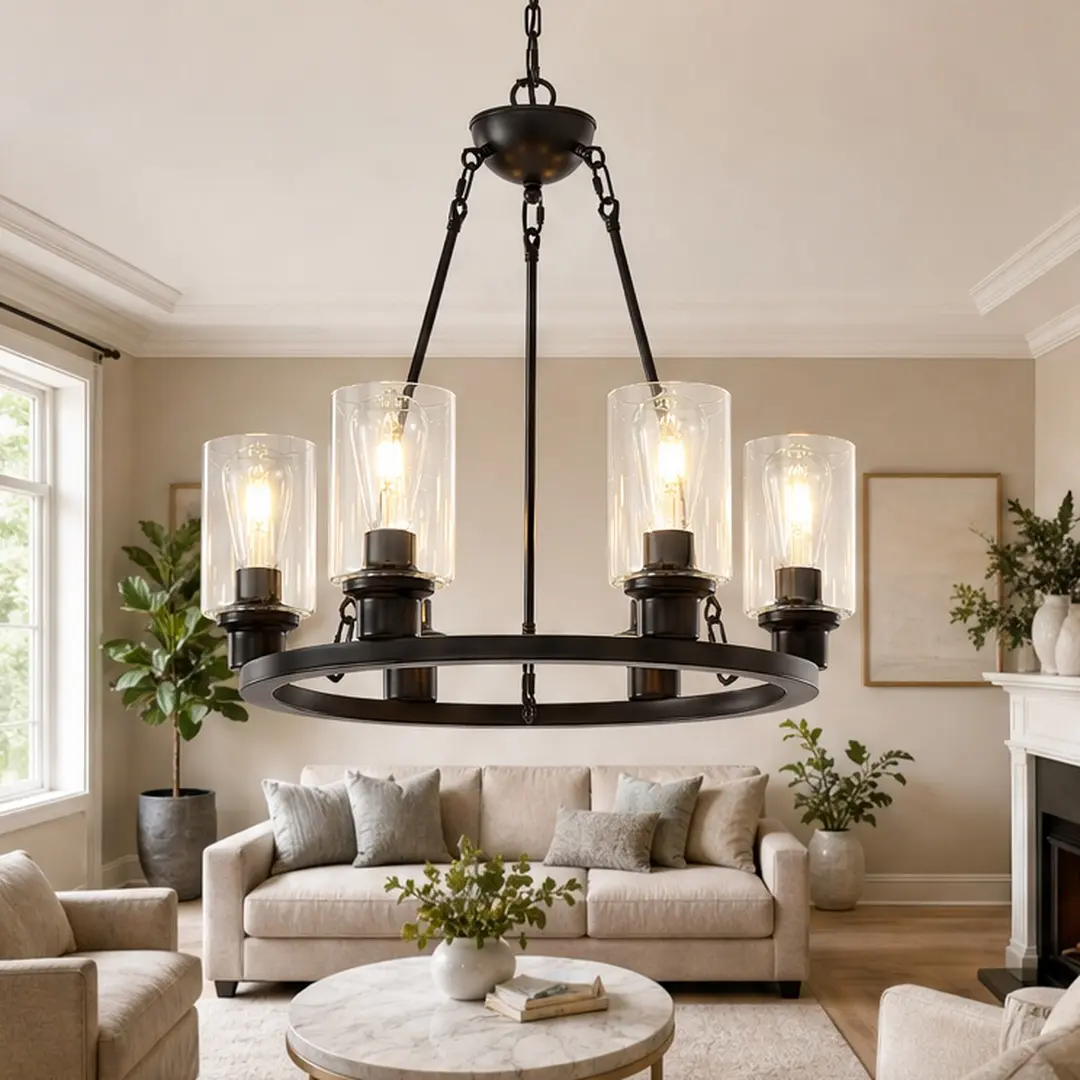 ARCH 23.62-Inch 6-Light Wheel Shape Wagon Wheel Chandelier, Rustic Farmhouse Decor Solid Metal Pendant Light with Seeded Glass Shades, Adjustable Height E26 Base Coffee Brown Finish, for Kitchen Island Living Room American Traditional Lighting Accessory,,