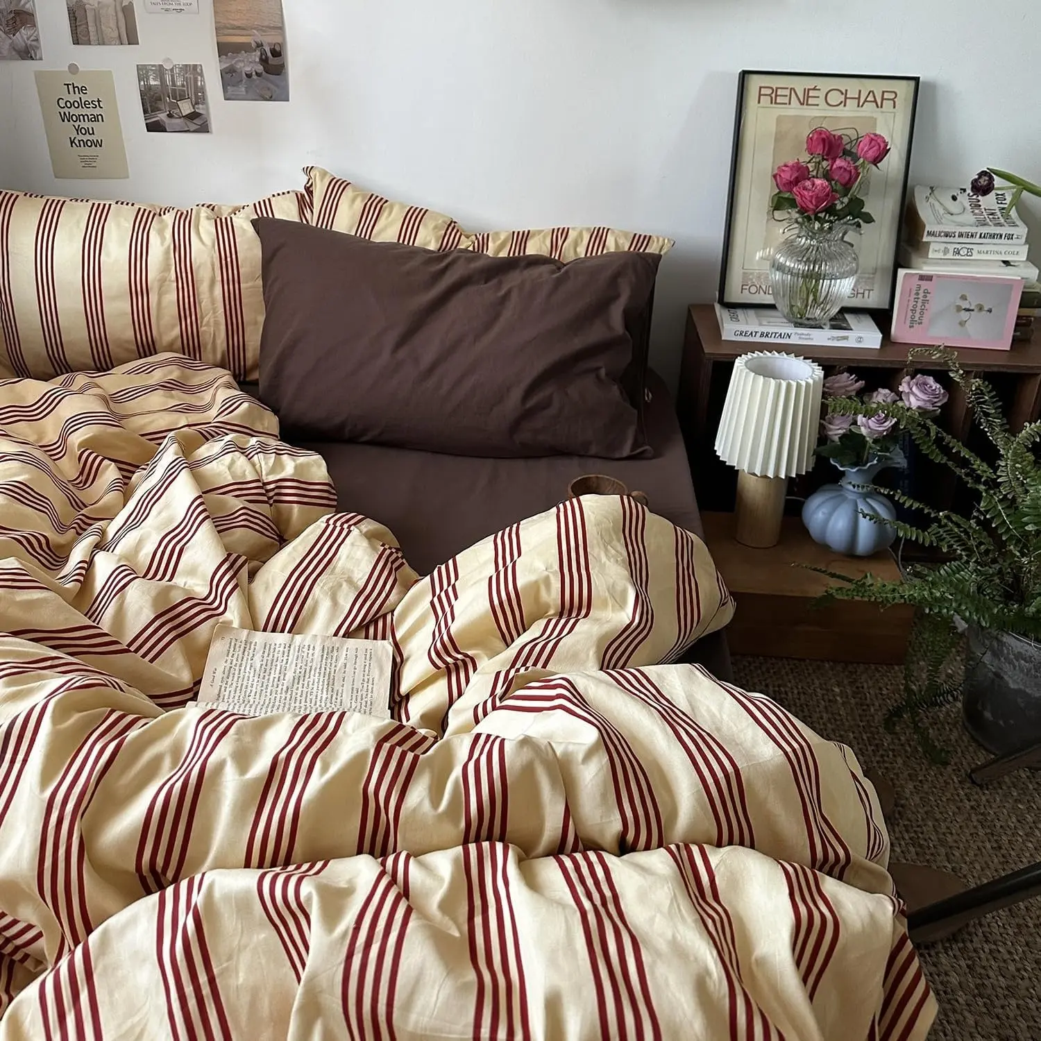 Retro Striped Duvet Cover Set- 3-Piece Vintage Red Stripes Pattern Printed Bedding Set, Decorative Duvet Cover, Soft Breathable Comforter Cover with Zipper Closure & Corner Ties, Queen Size, Bed Sets, Bed Covers