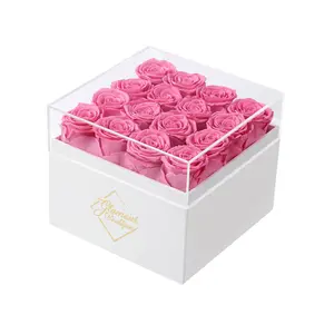 Eternal Elegance Square White | 16 Pink Roses Box Decor