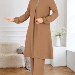 Women's Fashion Casual Elegant Solid Color Tunic Wide Leg Pants Two-Piece Set, Outfit Sets Women, Islamic Clothing Set For Muslim, Long Sleeve Loose-Fitting, All Seasons, Modest Style, Modesty, Muslim Abaya Hijab Set