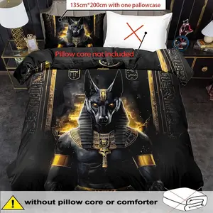 3-Piece Anubis Print Bedding Set, King/queen Size, Bedroom Decor, 2D Flat Print, 1 Duvet Cover, 2 Pillowcases, Zip Closure, Soft Bedding Set, Printed Bedding Set